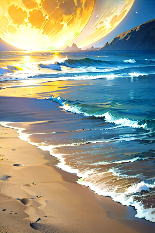 Front view of a quiet beach on the moon, Ultra-high definition and realistic detailが展開. The gentle sun shines with a warm glow, Golden rays dance on the quiet sea, Clear blue sea. The moon's scenery is soft, shimmering sand, Gentle rolling waves, And occasionally、The crescent moon peeks out from between the clouds. This scene息を呑むほどの傑作だ, Showcasing the surreal beauty of the lunar coast. (High resolution 4K) --s3 Sublime and impressive, This scene、It depicts a wonderful front view of the beach on the moon.。. Ultra-high definition and realistic detail