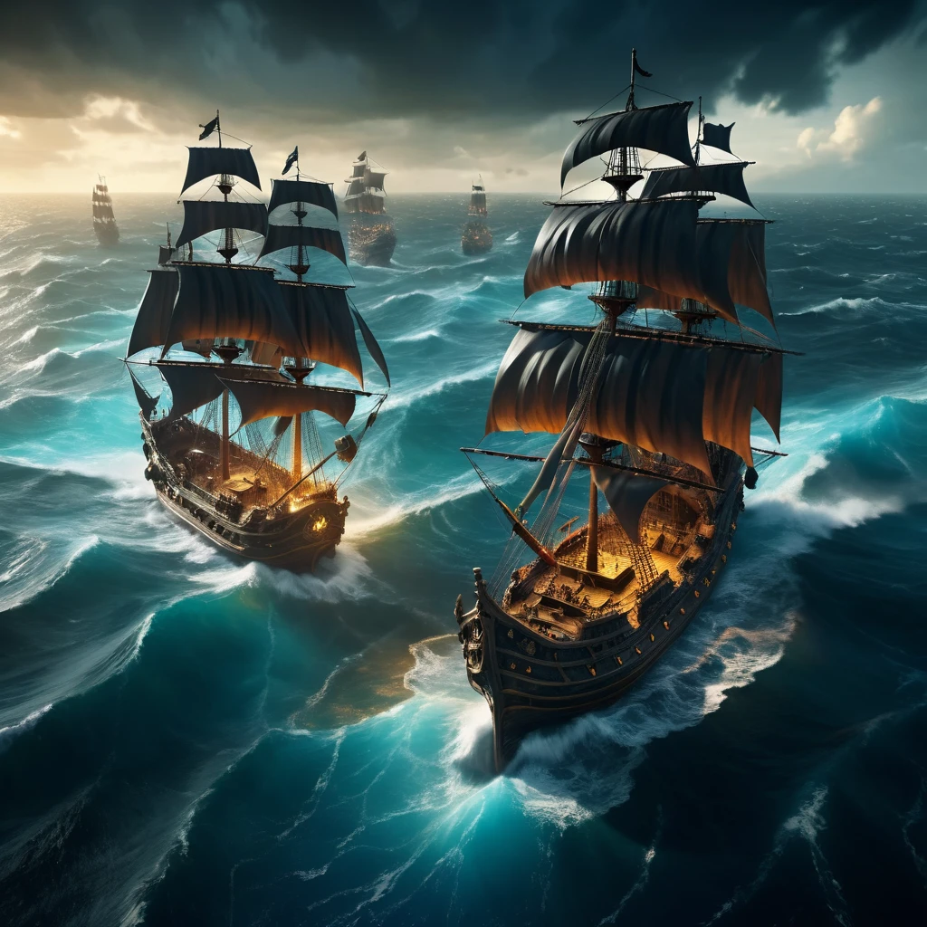 a vast aerial view, 2 pirate ships in a maelstrom, hyperdetailed, cinematic lighting, dramatic colors, award winning concept art, 8k, highly detailed, photorealistic, volumetric lighting, depth of field, intricate details, dramatic atmosphere, realistic textures, cinematic framing, dynamic composition
