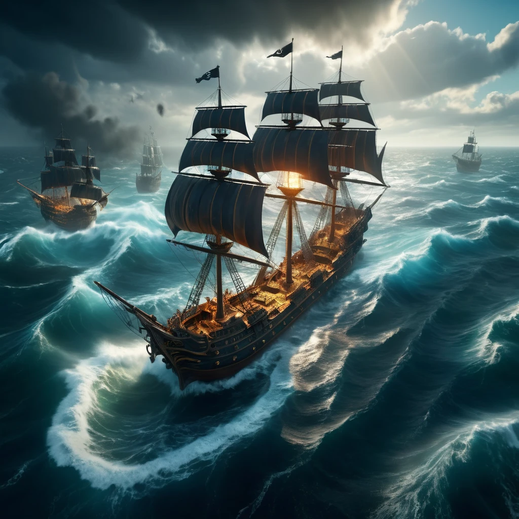 a vast aerial view, 2 pirate ships in a maelstrom, hyperdetailed, cinematic lighting, dramatic colors, award winning concept art, 8k, highly detailed, photorealistic, volumetric lighting, depth of field, intricate details, dramatic atmosphere, realistic textures, cinematic framing, dynamic composition