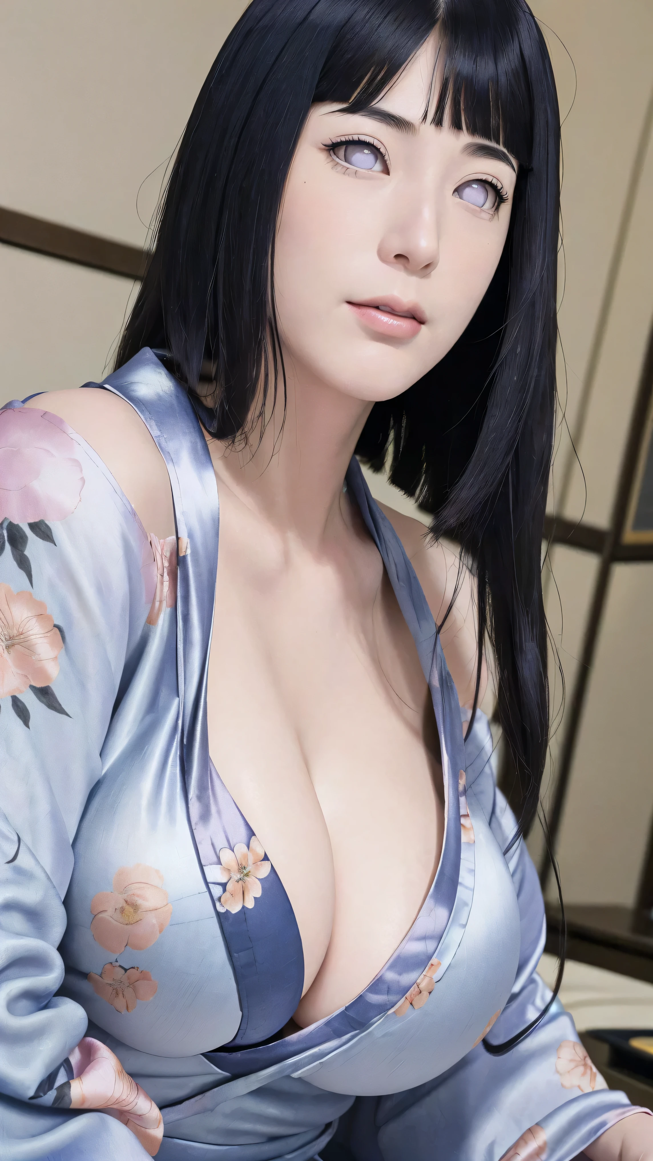 masterpiece, hinata\(boruto\), 1girl, mature women, (((floral satin kimono with spaghetti strap top))), (((Close-up photo))), (((Closed Clothing))), (((cleavage))), (((big breasts))), (((big round breasts))), (((round breasts))), (((extremely heavy breasts))), (((Colossal tits))), (((heavy breasts))), (((plump breasts))), (((perfect breasts))), (shy face), detailed lips, beautiful face, blush, (pink lips), (((long hair))), white eyes, gentle gaze, smile, super realistic, detailed, realistic face and body, realistic hair, realistic eyes, realistic nose, realistic lips, seductive pose, (((straight bangs))), (dark blue hair), 28 year old girl