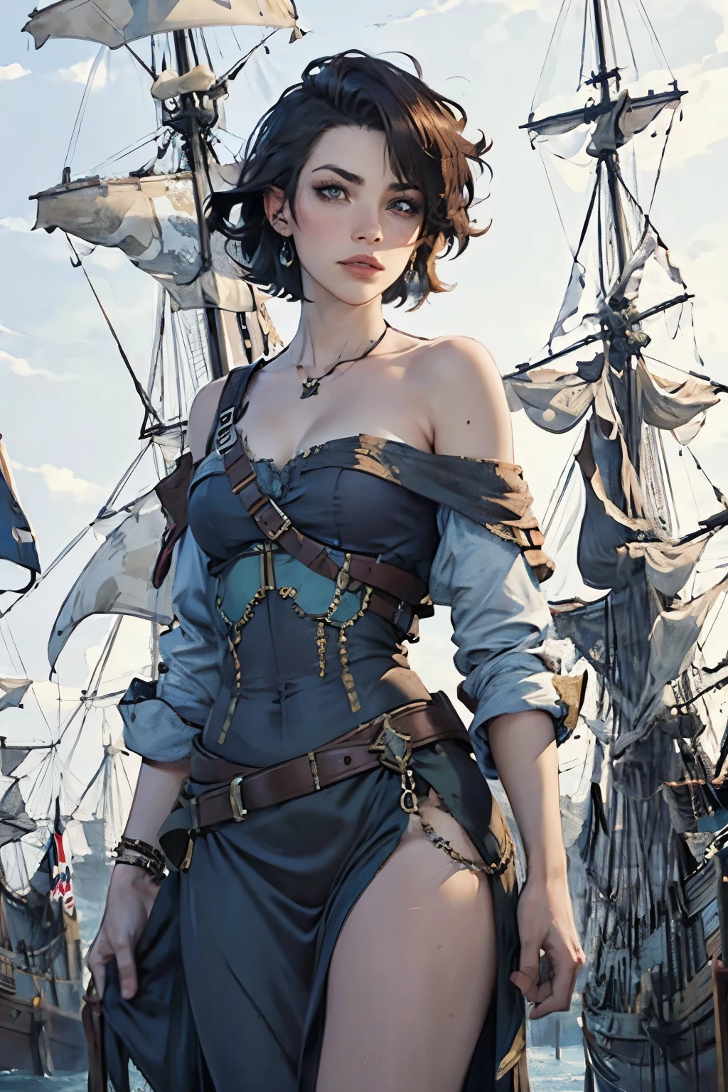 (Sargent-style watercolor)、(Highest quality、masterpiece)、(Realistic:1.4), RAW Photos, 1 girl、魅惑的な女性pirate ship長、Off the shoulder、Sexy Looks, short hair、pirate ship、 In the Dark, Deep Shadow, Cold Light、Blur the background