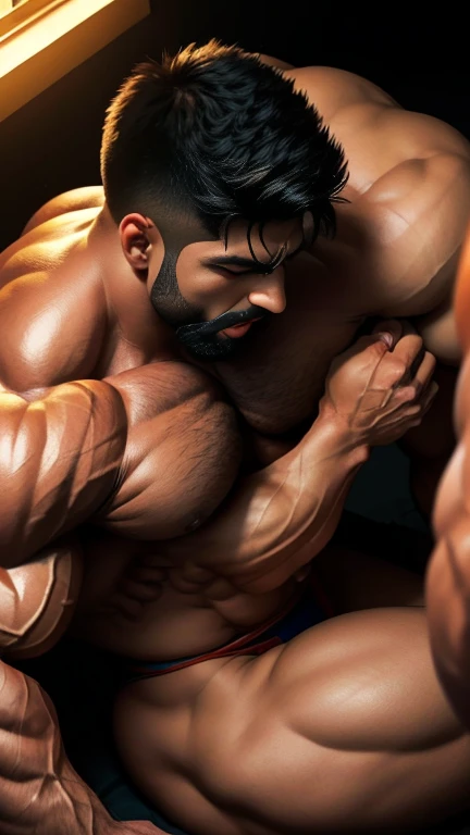 two indian muscular men doing hot body playing couple entwined with Pain is raging on the face, and making aggressive face expressions, from above view, musclebound and hulking, muscular bodies, large muscles, very beautiful body playing, seductive body playing, erotic, exotic moments, gay penis licking, hot body playing poses