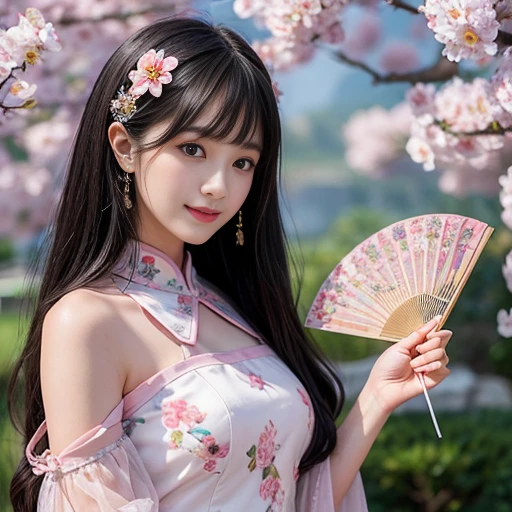 best quality, Delicate face,beautiful visual work, lifelike, eternity, black hair, Long curly hair, blunt bangs, Smile, 在flower园里, flower, Detailed Background, Delicate face,pink blush,cold,((masterpiece))、(top quality)、8k、high detail、Super detailed,21 years old female,Wearing Chinese cheongsam、Seductive and whimsical style、masterpiece、born、Scenes resembling fairy tale illustrations、intricate details和複雜的設計、Beautifully、magic、capricious、 Beautifully、Dream aesthetics、「𝓡𝓸𝓶𝓪𝓷𝓽𝓲𝓬、ethereal、charming、fickle、magic」、realism、Visual effects、FXAA、SSAO、Shader、voiceless、ambient lighting、Tone mapping、High resolution、Ultra high quality、Million pixels、(8K resolution:1.10)、8k、8k以下、8K resolution、high detail、intricate details, (high quality:1.2、masterpiece:1.2、:1.21)、(21 years old female:1.21)、(興奮地Smile)、(Surrounded by a dreamy atmosphere、Model diagram,full-body shot,Normal 2 feet,Don't show your fingers,Japanese folding fan held open in front of chest