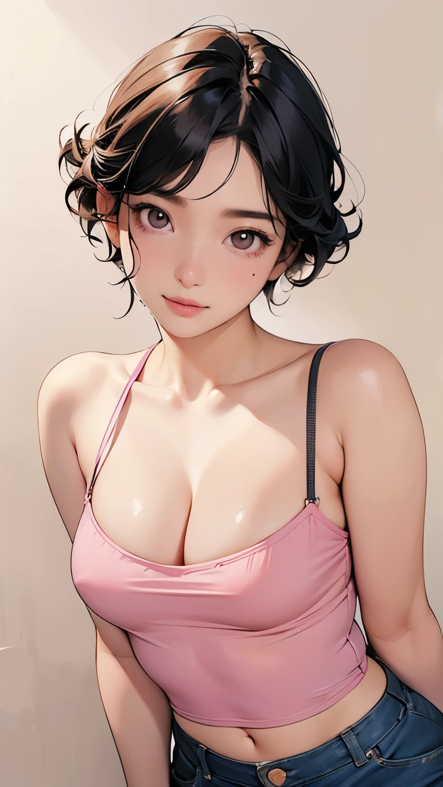 Thin-strap camisole, hot pants, pink thin clothes, slimming look, short curly black hair, detailed eyes, detailed face, detailed skin, sidelong glance, narrow eyes, gentle expression, casual background, mole under eye,