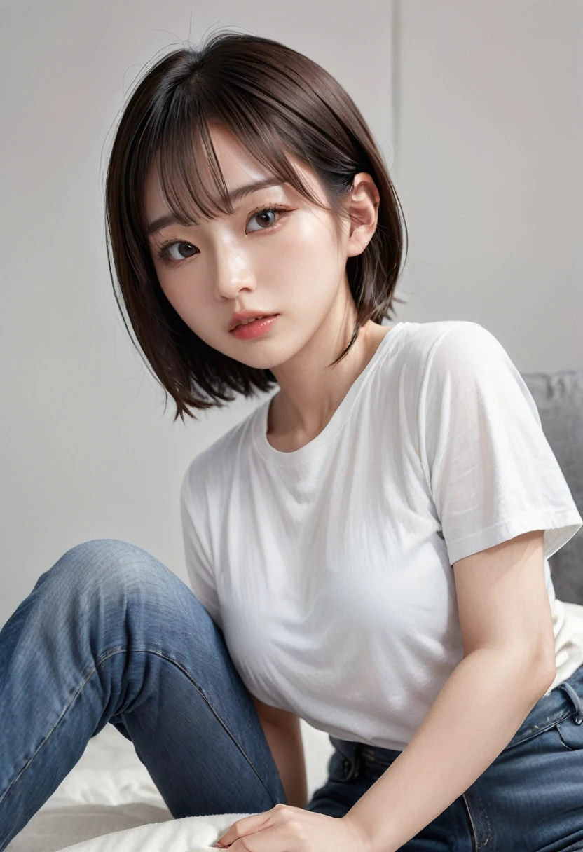 16
(Shorthair:1.3), (a 20 yo woman), (A hyper-realistic), (masutepiece), (8KUHD), Woman in long pants, Small eyes, (Abstract background:1.23)