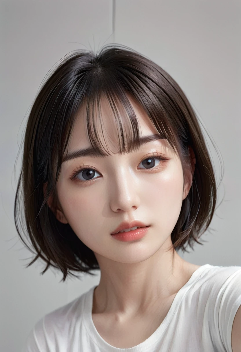 photorealistic, Photography ,BREAK, short hair woman, taking a (selfie:1.5) , (white T-shirts and denim pants), on the sofa in simple bedroom , white background, (short hair), BREAK, 8k , LAW , best-quality, masterpiece, hyper realistic detail shiny skin , natural shading , realistic shadow, BREAK (hyper realistic detail shiny skin, detailed skin, detailed hair, ultra sharpness, intricate details), perfect anatomy