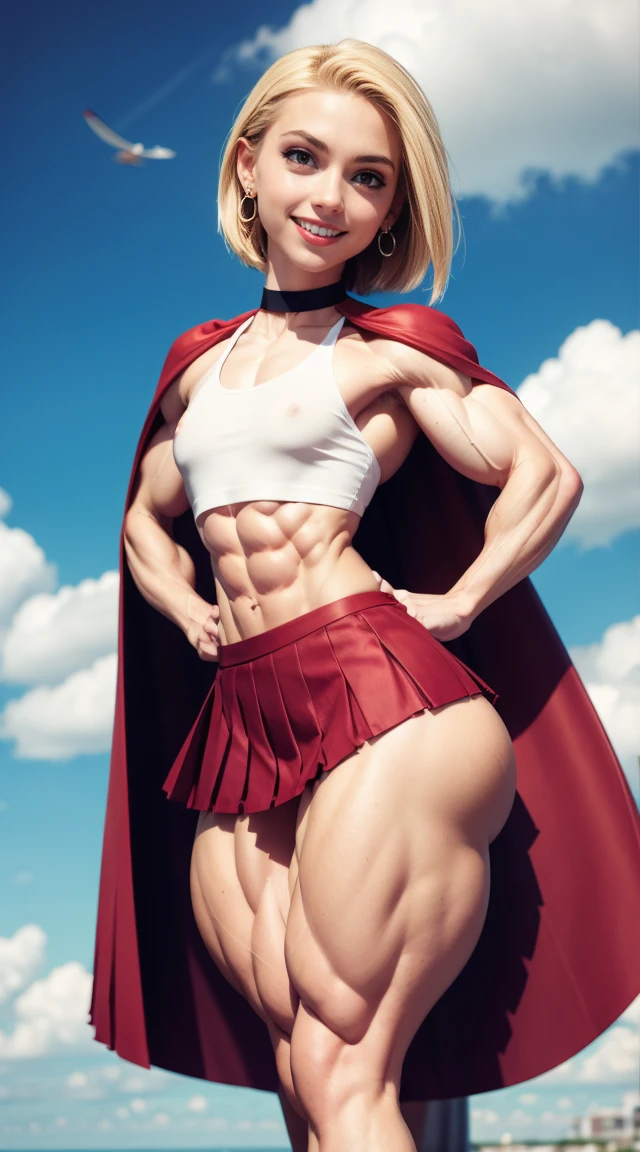 (Muscular:2), (thick thighs:1.9),
(blonde female:1.3), supergirl, (big smile:1.4), (android 18 haircut),
earrings, lipstick, eyeshadow,
(hard nipples:1.2),
(small red cape:1.3), (pleated skirt:1.6), (tanktop, midriff:1.2), choker,
(looking at viewer:1.6), (three quarter view), knees cropped, lowlegp,
(floating in midair, sky and clouds background:1.3), rim lighting, two tone lighting, dim lighting, bokeh, detailed skin, detailed eyes
