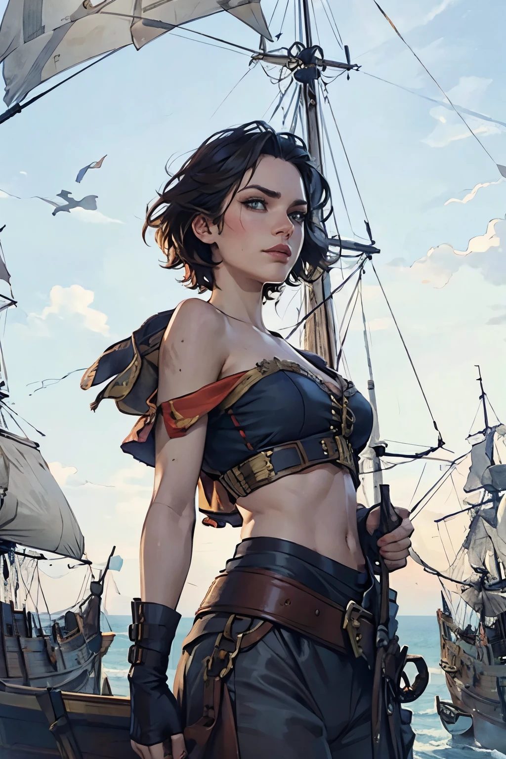 Fascinating Female Pirate Captain、Off the shoulder、Sexy Looks, short hair、Two Galleons、Naval battles、(Two galleons exchange gunfire:1.2)、(explosion:1.2)、(fire:1.2)、(Sargent-style watercolor)、(Highest quality、masterpiece)、(Realistic:1.4), RAW Photos,  In the Dark, Deep Shadow, Cold Light、Blur the background