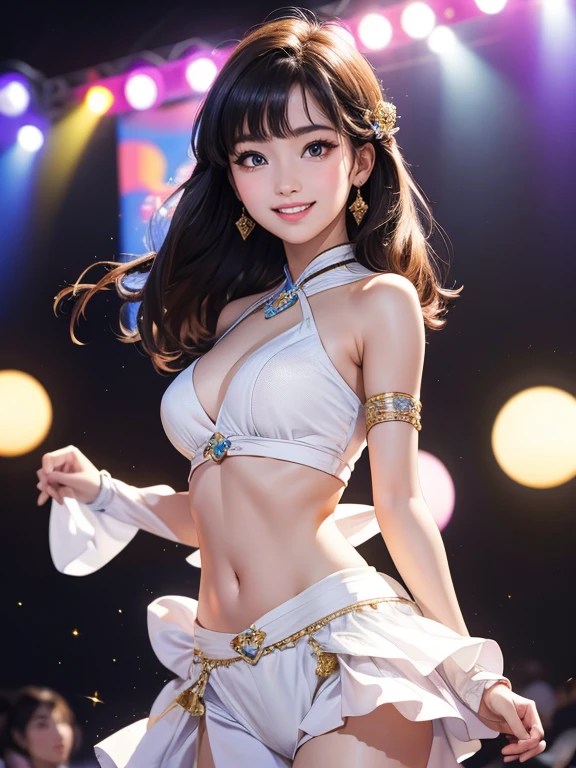 (Highest quality、 8k 、masterpiece、High resolution)、Full Body Shot、15 year old girl、Idol、Cute smile、Pretty lips、Adorable eyes、Dancing with a smile、Outdoor Stage、AKB48 Costumes、Realistic、Official Art、Detailed CG、Professional Lighting、Professional photographer、