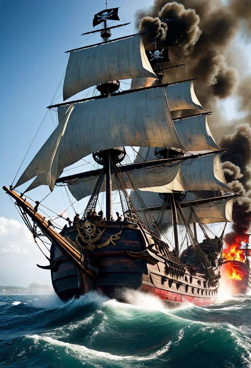 Create a wide-angle shot of two massive pirate ships locked in battle on the high seas. The sky is filled with thick smoke and fire from roaring cannons. One ship has dark, weathered sails, while the other displays bright, crimson flags. Both ships show significant damage from the ongoing war, with splintered wood and tattered sails. Each ship prominently features a large pirate skull symbol on its sails. Capture the chaos of the scene with cannons being fired and the raw power of this fierce naval struggle. No humans are visible in the image.