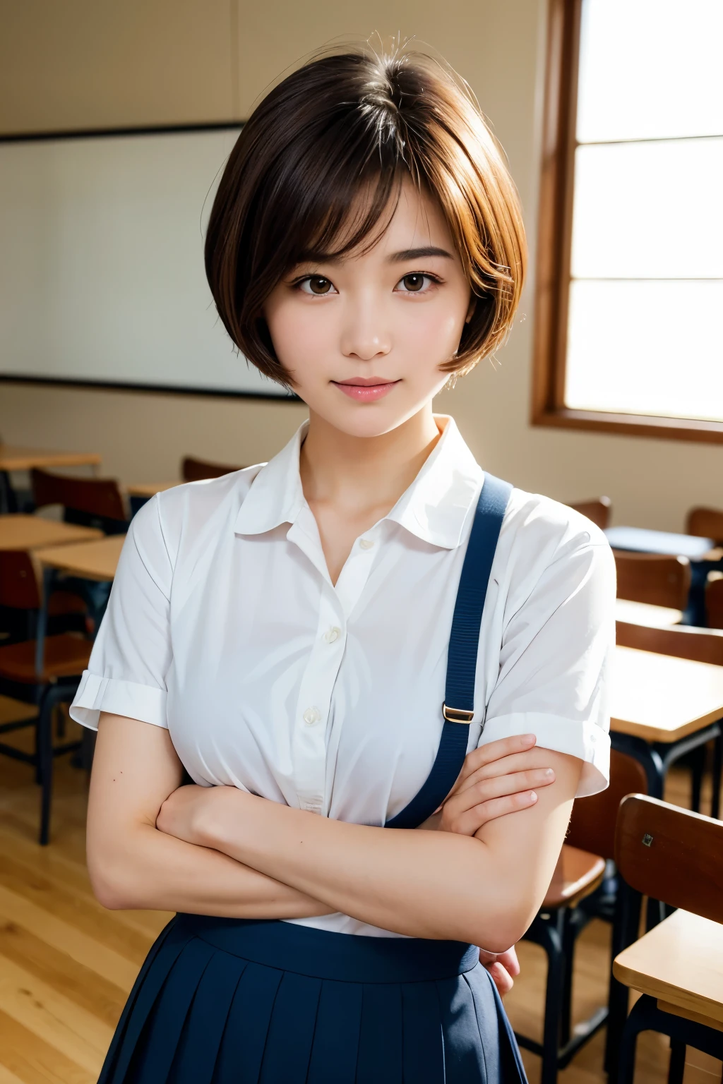 Highest quality, Face Focus, Soft Light, Ultra-high resolution, (Realistic:1.4), RAW Photos, 1 Japanese girl, alone, cute, (A shy smile:0.5), (Brown eyes, Light in your eyes), Beautiful face in every detail, (Small box),(High resolution detail of human skin texture), (Short Bob Hair), break, In the classroom,Navy uniform, Best, skirt
