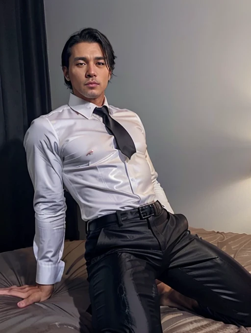 36 years old,daddy,"shiny suit",wear a white long-sleeved shirt and tie.., bodice, very glossy pants, necktie, shiny satin trousers,dark gray satin fabric ,lying provocatively on the bed, k hd,in the office,"big muscle" ,black hair,asia face,masculine,strong man,the boss is,handsome,lecherous dad,look straight ahead,dad is handsome,dad is handsome, dad is "horny daddy",asian,sperm,sexy,black pants, masculine hairstyle,masterpiece