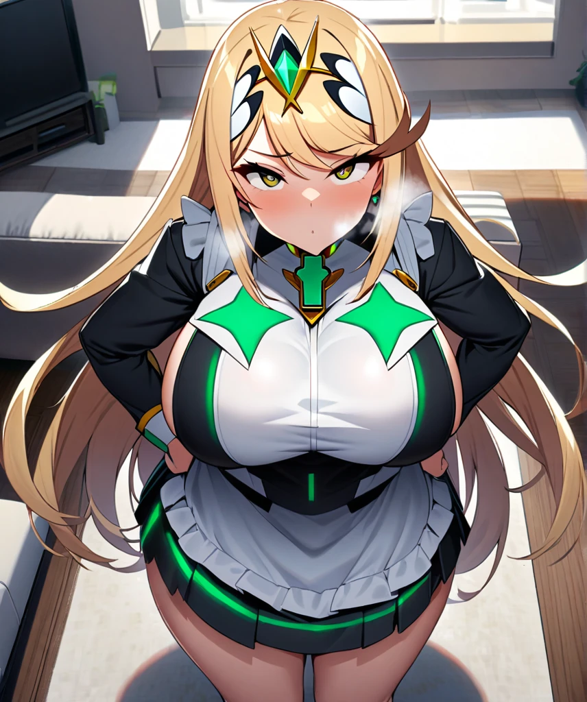 mythra,1girl,solo,Females in heat,heavy breathing,Black and white apron with green stars scattered on it,super huge breasts,looking at viewer,upturned eyes,Taken from the viewpoint above,near,standing up,the front shot,in living room