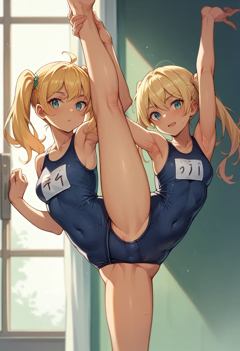 masterpiece, Navy school swimsuit, Blonde twin tails, Sunburned skin,Standing Split, Lift your legs,Leg lift,Standing on one leg,