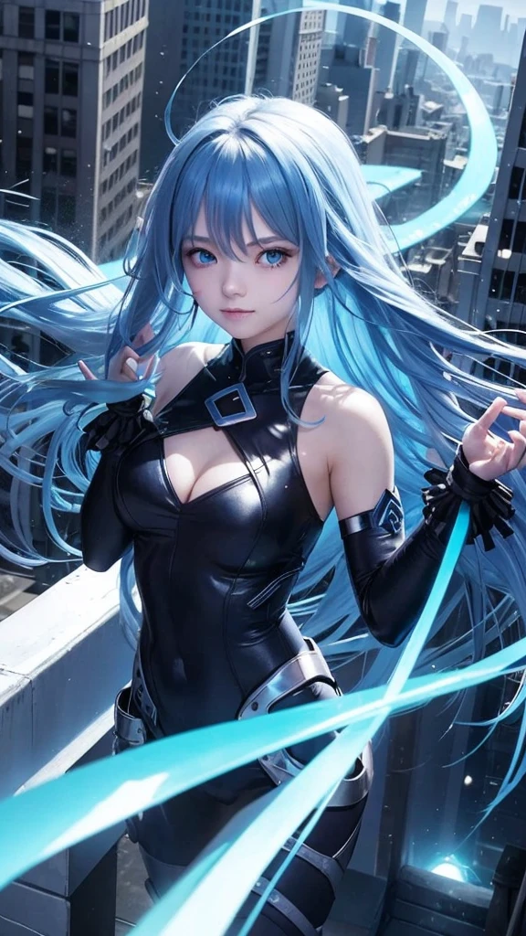 Aerial、Floating beautiful girl、Blue glowing eyes、Metal Punk Long Hair、Smirk、cute、17 years old、Floating higher than buildings