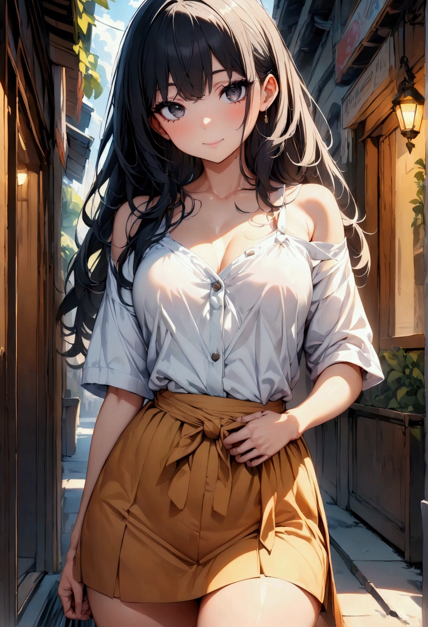 A young woman with long black hair upto waist, black eyes, fair skin tone, aesthetic body, casual wear, (detailed body), (detailed eyes) (masterpiece), (best quality), (ultra-detailed)