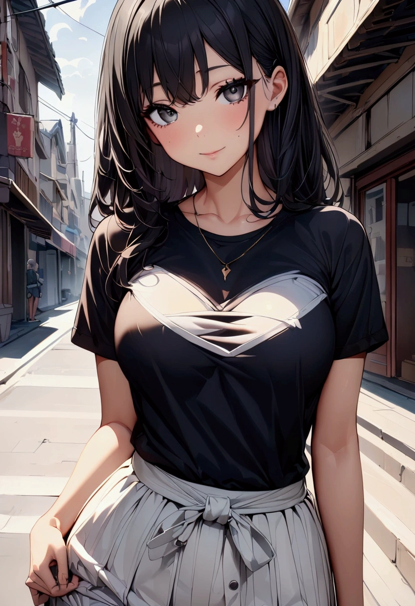 A young woman with long black hair upto waist, black eyes, fair skin tone, aesthetic body, casual wear, (detailed body), (detailed eyes) (masterpiece), (best quality), (ultra-detailed)