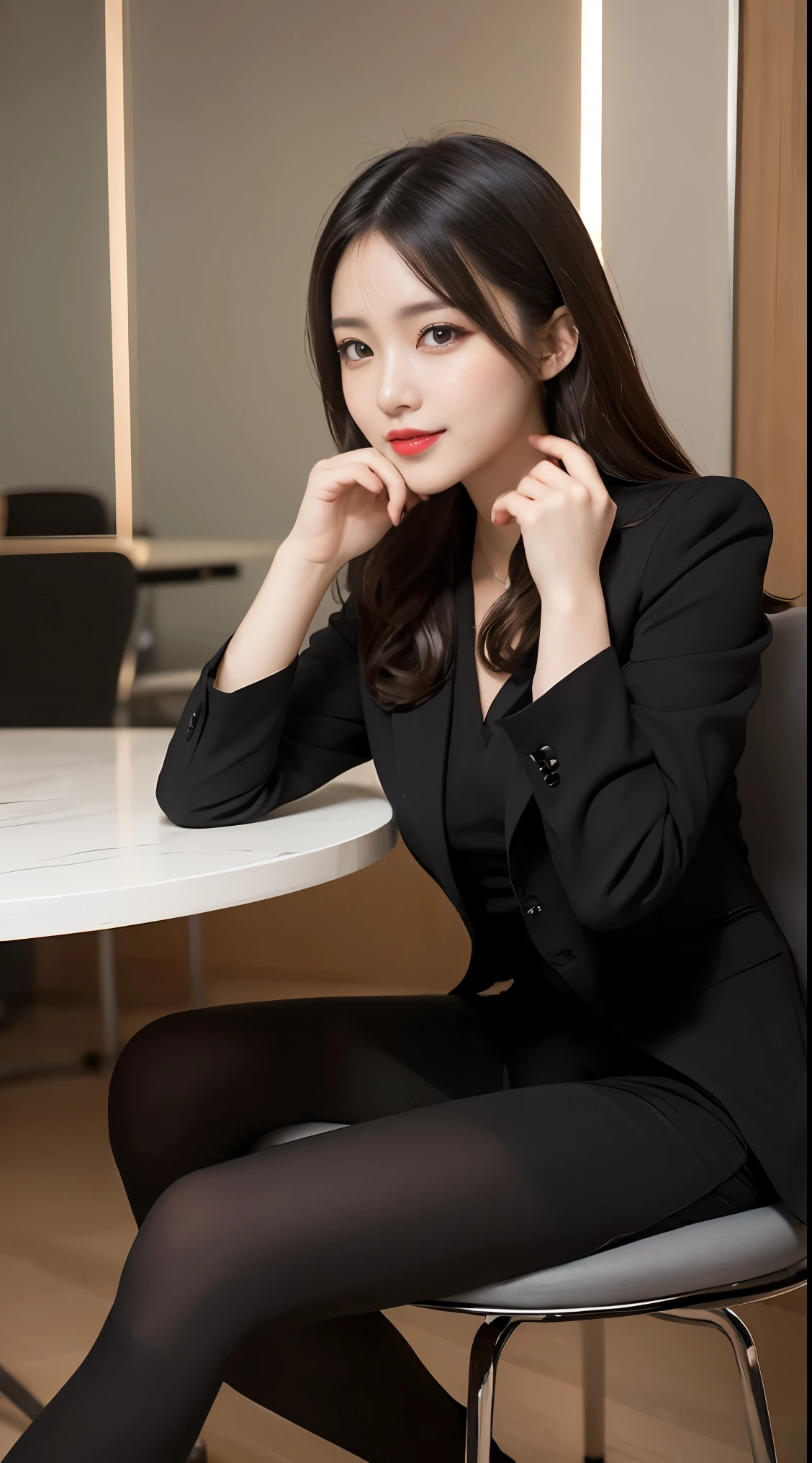 on the table, best quality, illustration, Super detailed, fine details, high resolution, 8k wallpaper, Perfect dynamic composition, Beautiful and delicate eyes, business suit,hort hair,natural color lips, sit on the chair,cross legs,Smile、25 year old girl,red eye shadow,Wear black leggings,