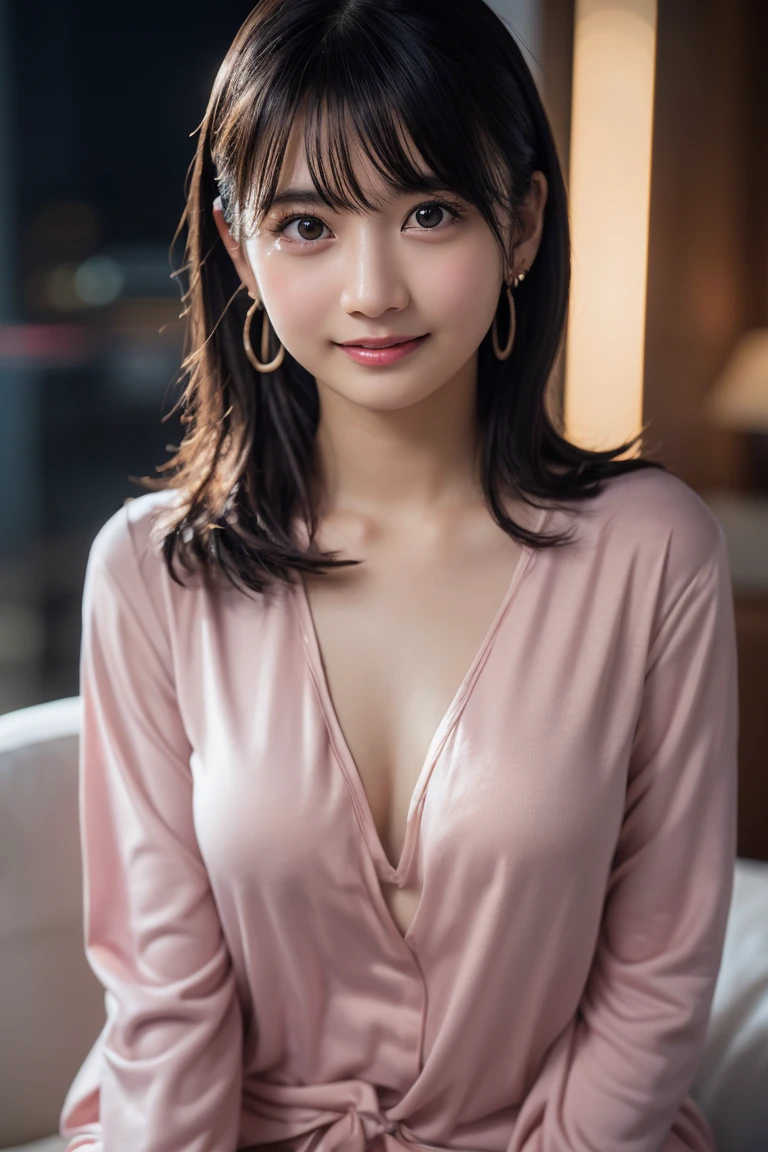 (8k, RAW Photos,Highest quality, High resolution:1.1), (Ultra-realistic:1.4),(Realistic, Realistic:1.3), Realistic Face,Realistic Body,Realistic Skin,masterpiece,(cute:1.8), Cuties, Fine black eyes,Innocent eyes,Cinema Lighting,Film Grain,jewelry,Earrings,((Medium Hair:1.1)),Cherry colored lips,Hair Ribbon,ponytail,Viewer,Long Hair,,Open your lips,Upper teeth, (Smiling Eyes:0.5),((Grin:1.1)),Blurred Background, Eye focus , Bokeh,young, 85mm lens,young,Portraiture,Photon Mapping,Radio City,Physically Based Rendering,Asian,(Loungewear:1.3))