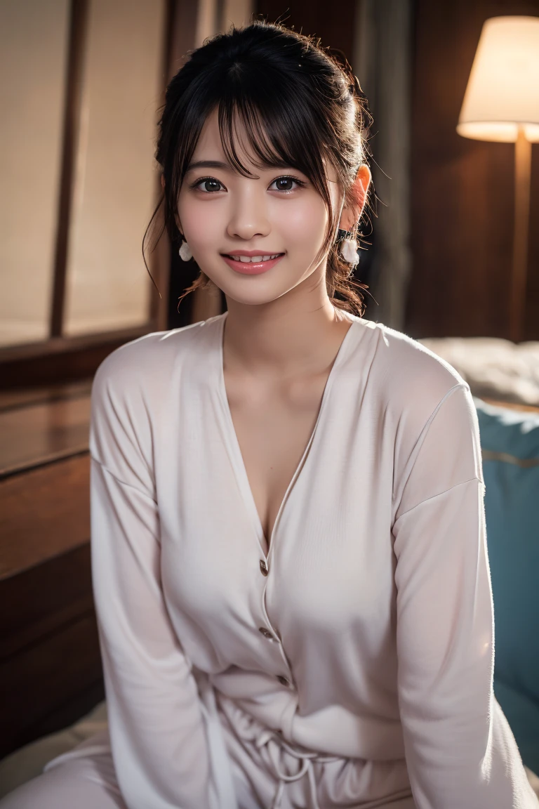 (8k, RAW Photos,Highest quality, High resolution:1.1), (Ultra-realistic:1.4),(Realistic, Realistic:1.3), Realistic Face,Realistic Body,Realistic Skin,masterpiece,(cute:1.8), Cuties, Fine black eyes,Innocent eyes,Cinema Lighting,Film Grain,jewelry,Earrings,((Medium Hair:1.1)),Cherry colored lips,Hair Ribbon,ponytail,Viewer,Long Hair,,Open your lips,Upper teeth, (Smiling Eyes:0.5),((Grin:1.1)),Blurred Background, Eye focus , Bokeh,young, 85mm lens,young,Portraiture,Photon Mapping,Radio City,Physically Based Rendering,Asian,(Loungewear:1.3))