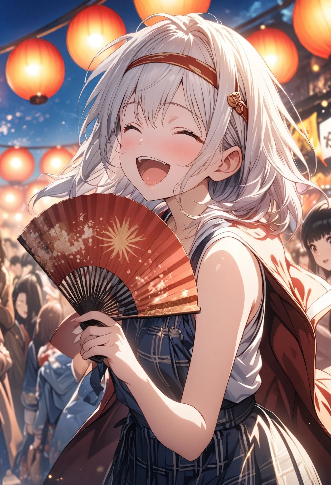Two Girls, Red and blue happi coats, Festival, Wear a headband on your head, Holding a fan in your hand, masterpiece, Highest quality, Highly detailed CG Unity 8k wallpaper, High School Girl Anime Illustration. Wear an oversized tank top, She is wearing a red and black checked skirt., She closes her eyes and opens her mouth wide, smile. white hair color, Yellow Eyes, Bokeh, Lens flare, The rising sun, Blue pink sky, The background is a realistic shopping street, Bokeh、(Soft Focus): 1.2, Out of focus highlights, Dreamy atmosphere, Fascinating Depth, Fantasy,