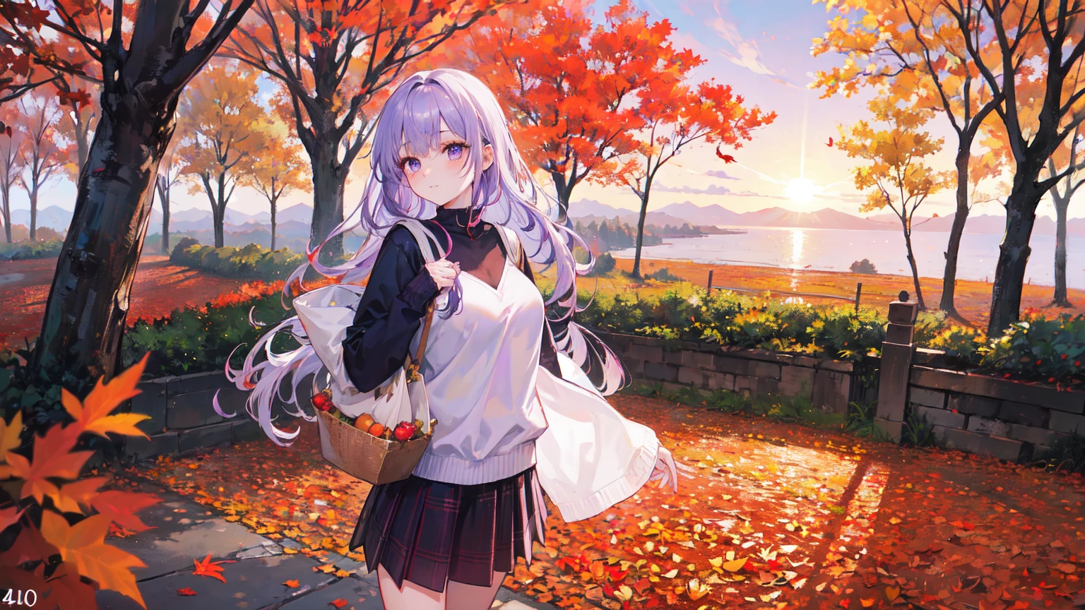 absurdres, highres, masterpiece, best quality, ultra-detailed 8k wallpaper, (detailed beautiful face):1.2, (detailed beautiful eyes)1:1,"Create a high-quality, anime-style illustration of a young woman in a picturesque autumn setting. She has long, flowing hair that catches the gentle autumn breeze, and her eyes are large and expressive, reflecting the warm hues of the season. She wears a stylish autumn outfit consisting of a cozy sweater, a plaid skirt, and a light jacket. She carries a basket filled with colorful fallen leaves and autumn fruits. The background features a scenic park with trees showcasing vibrant shades of red, orange, and yellow. The ground is covered in a blanket of fallen leaves, and the sky is clear with the soft golden light of the setting sun. The color palette should include rich reds, oranges, yellows, and browns to capture the warmth and beauty of the autumn season. Ensure the overall image exudes a sense of comfort and nostalgia, capturing the essence of a serene autumn day."(40 years old:1.4) 、(1 woman:1.4)、(Light purple hair:1.4),tareme、(straight long hair:1.7),,medium breasts,(droopy eyes:1.2)、Cheek dyeing、(purple right eye:1.4),(red left eye:1.4) 、(Eyeshadow:1.3)、(blush:1.2)、light smile、full body、BREAK (very wide:1.3),(panorama view:1.3),(sense of depth:1.5),(long shot:1.3),(magnificent view:1.3)