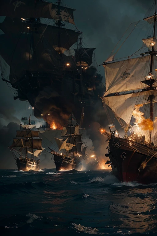 Create a wide-angle shot of two massive pirate ships locked in battle on the high seas. The sky is filled with thick smoke and fire from roaring cannons. One ship has dark, weathered sails, while the other displays bright, crimson flags. Both ships show significant damage from the ongoing war, with splintered wood and tattered sails. Each ship prominently features a large pirate skull symbol on its sails. Capture the chaos of the scene with cannons being fired and the raw power of this fierce naval struggle. No humans are visible in the image.