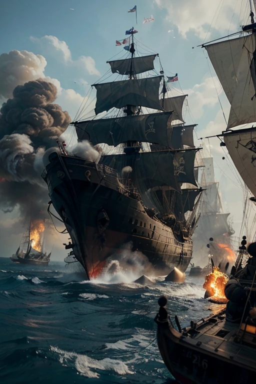 Create a wide-angle shot of two massive pirate ships locked in battle on the high seas. The sky is filled with thick smoke and fire from roaring cannons. One ship has dark, weathered sails, while the other displays bright, crimson flags. Both ships show significant damage from the ongoing war, with splintered wood and tattered sails. Each ship prominently features a large pirate skull symbol on its sails. Capture the chaos of the scene with cannons being fired and the raw power of this fierce naval struggle. No humans are visible in the image.