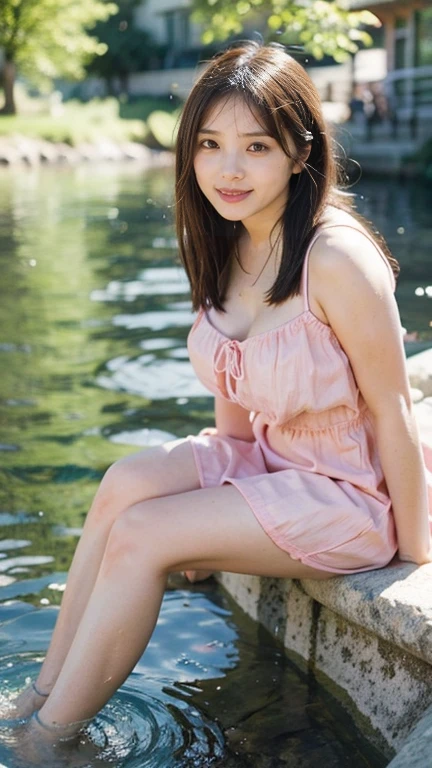 ((best quality)), ((masterpiece)), (detailed), 1 Girl, Foot bath clothing,Look at the audience with a smile,High-resolution images,Outdoor Background