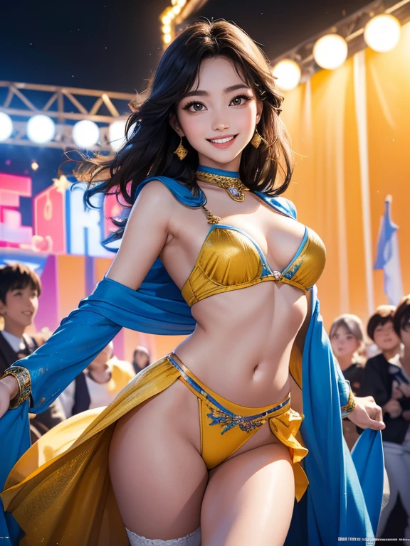 (Highest quality、 8k 、masterpiece、High resolution)、Full Body Shot、15 year old girl、Idol、Cute smile、Pretty lips、Adorable eyes、Dancing with a smile、Outdoor Stage、AKB48 Costumes、Realistic、Vibrant colors、Official Art、Detailed CG、Professional Lighting、Professional photographer、