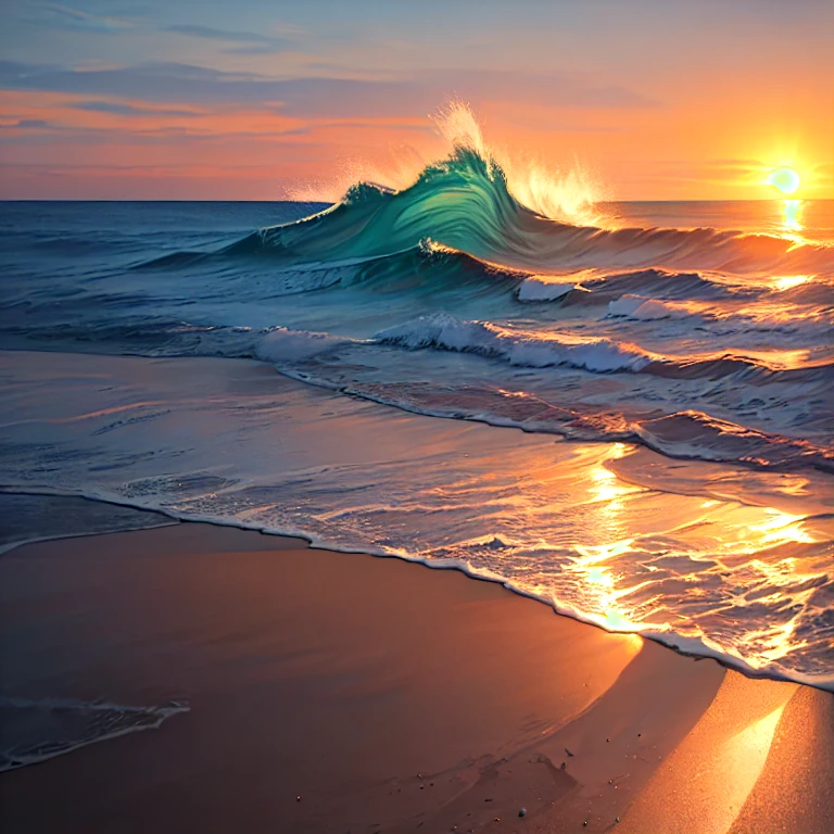 Photorealistic image of the sea at sunset, I can see the sandy beach、The waves crash violently. A gentle and relaxing image, I want to look at it forever.