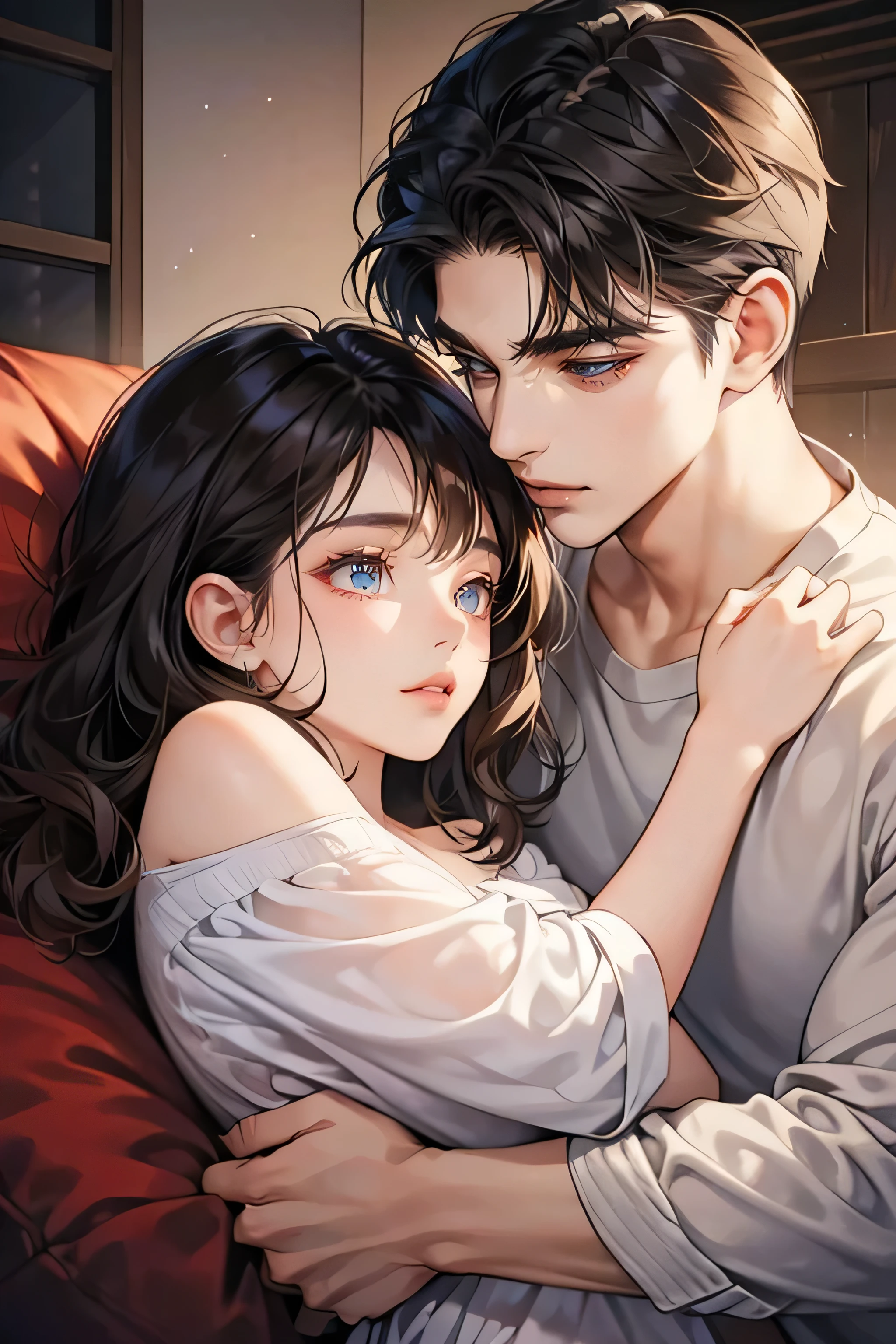 boy and girl, cuddle, cuddling, girl(A dark-haired、Medium hair、Shoulder-length hair、waved hair), detailed eyes, cery detail faces, 4k, super detail