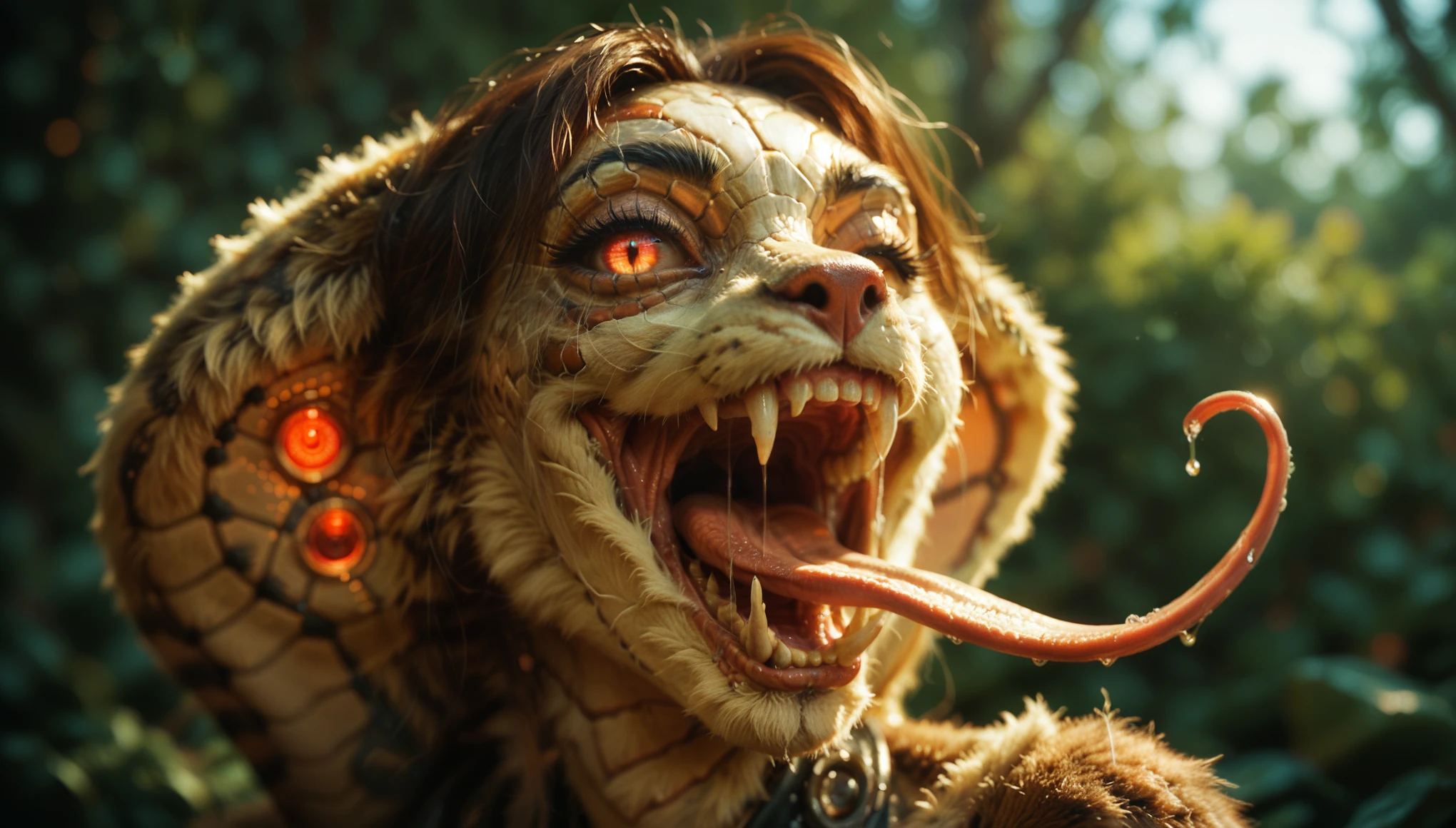monstergirl, retroscifi, (piercing), (cyber jaws:1.5), detailed skin, detailed teeth, ((fangs)), beautifully eyes, smiling, blinking, mucus, long tongue, snake tongue, saliva, cute face, (detailed fur, fur over skin:1.5)