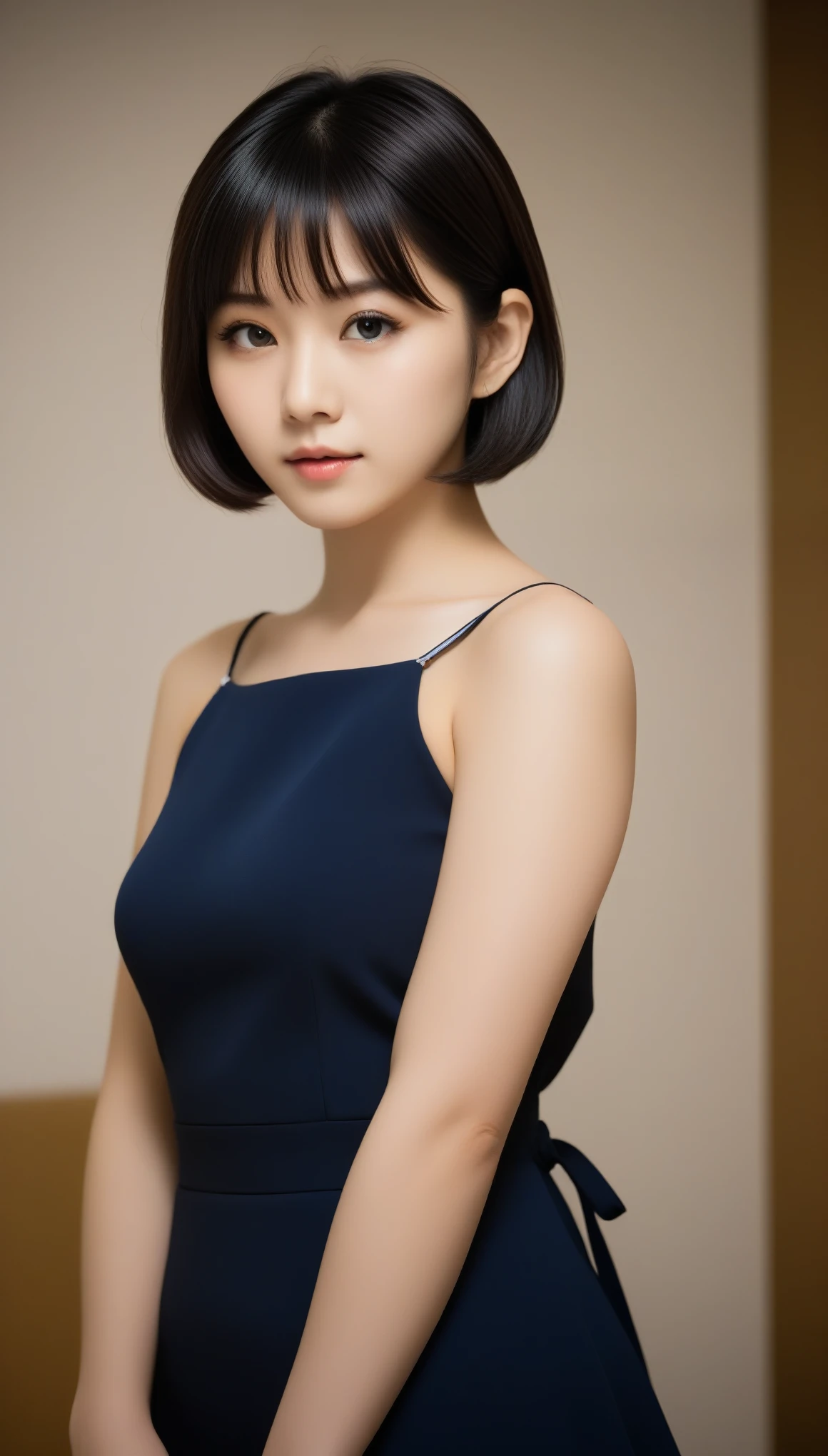8k, Ultra-high resolution, Highest quality, masterpiece, 三分割法によるphotograph,Surreal, photograph, 1 Girl, (16 years old:1.3), pretty girl, Cute Face, Beautiful eyes in every detail, 細かくdetailedに,masterpiece,One Girl:1.2,Japanese female announcer,upper body,Serious expression,Black short hair,Bob with bangs,Neat dress,Pencil Skirt, Look forward, Standing posture, Opposition, Dynamic Lighting,Hotel room、 Sharp contours, Light from above, Low contrast, (Side view),Perfect and beautiful face ,完璧でCute Face, Skin with attention to detail, Perfect limbs、Narrow waist,Looking at the audience,(((Ideal body type))),A cup small breasts :2,Portraiture:2,Perfect Anatomy,鮮明なdetailed,detailed,Surreal,Light and shadow,stage lights