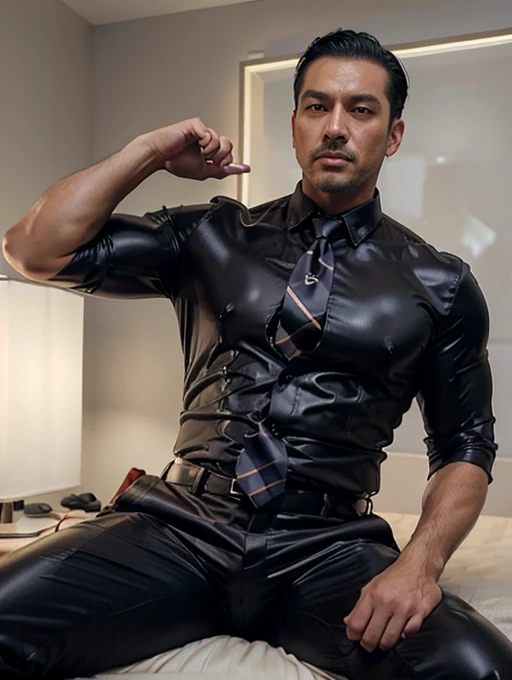 36 years old,daddy,"shiny suit",wear a white sleeved shirt and tie.., bodice, very glossy pants, necktie, shiny satin trousers,dark gray satin fabric ,lying provocatively on the bed, k hd,in the office,"big muscle" ,black hair,asia face,masculine,strong man,the boss is,handsome,lecherous dad,look straight ahead,dad is handsome,dad is handsome, dad is "horny daddy",asian,sperm,sexy,black pants, masculine hairstyle,masterpiece
