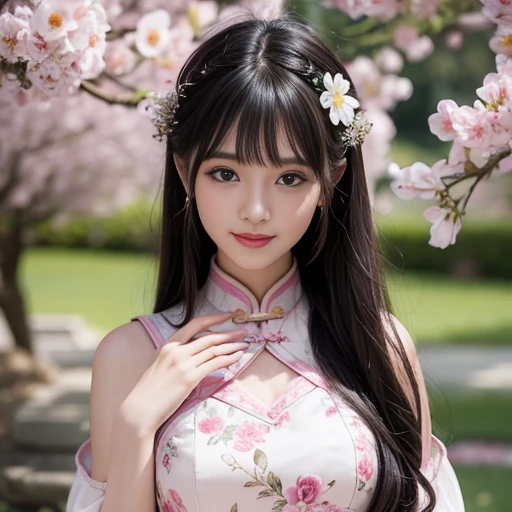 best quality, Delicate face,beautiful visual work, lifelike, eternity, black hair, Long curly hair, blunt bangs, Smile, 在flower园里, flower, Detailed Background, Delicate face,pink blush,cold,((masterpiece))、(top quality)、8k、high detail、Super detailed,21 years old female,Wearing Chinese cheongsam、Seductive and whimsical style、masterpiece、born、Scenes resembling fairy tale illustrations、intricate details和複雜的設計、Beautifully、magic、capricious、 Beautifully、Dream aesthetics、「𝓡𝓸𝓶𝓪𝓷𝓽𝓲𝓬、ethereal、charming、fickle、magic」、realism、Visual effects、FXAA、SSAO、Shader、voiceless、ambient lighting、Tone mapping、High resolution、Ultra high quality、Million pixels、(8K resolution:1.10)、8k、8k以下、8K resolution、high detail、intricate details, (high quality:1.2、masterpiece:1.2、:1.21)、(21 years old female:1.21)、(興奮地Smile)、(Surrounded by a dreamy atmosphere、Model diagram,full-body shot,Normal 2 feet,Don't show your fingers,Japanese folding fan held open in front of chest