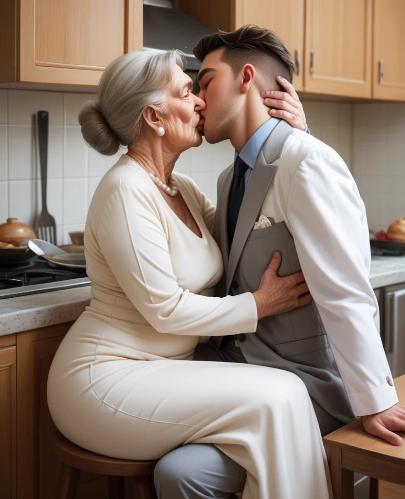 80 year old grandmother wearing nighty, sitting in the kitchen, boy wearing white suits near grandmother, boy kissing grandmother passionately, boy grabbing grandmother's ass. 