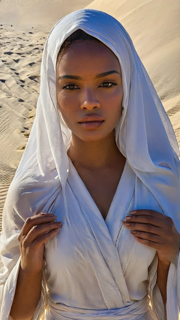 Create a striking scene inspired by Dune. Feature a black woman with glowing brown eyes. She is in traditional desert attire, including a flowing robe and a detailed veil. Place her in a vast, desolate desert with towering sand dunes. The sky is expansive and sun-scorched, with golden and orange hues casting dramatic shadows. Show shimmering energy shields reflecting sunlight. Capture the scene’s grandeur and mystery. Emphasize the woman’s ethereal presence and the harsh beauty of the desert