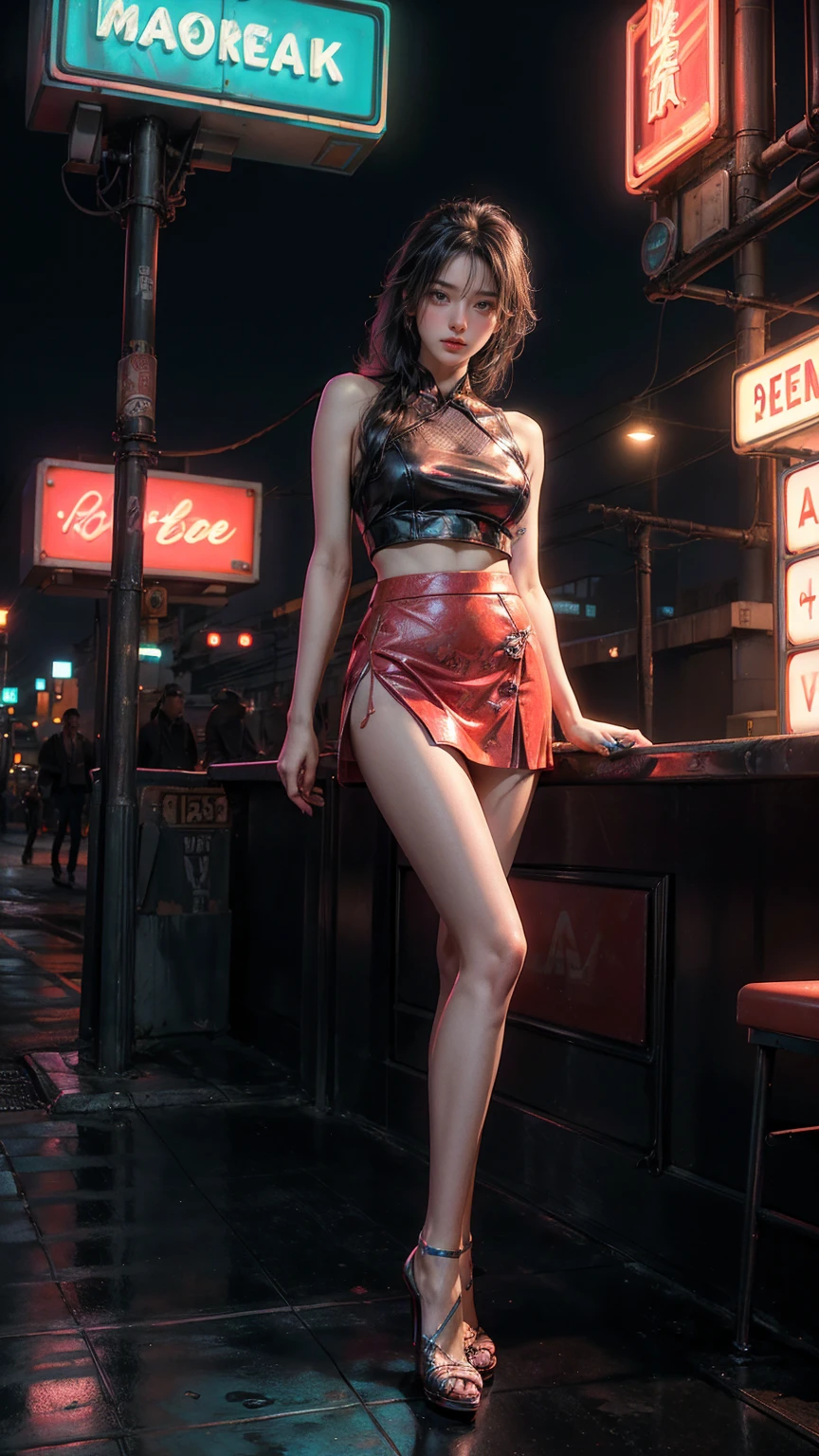 ((masterpiece, best quality, Highest image quality, high resolution, Reality, RAW photos, 8K)), Arav view from the motel,There was a car parked in front, with Neon lights, A woman waits for guests in front of a motel, , Exposed short skirt with high heels, Open your legs,Roll up your skirt, Route 6 6, Neon lights, Traveling in the United States in the 1950s, some have Neon lights, 外面的Neon lights, Neon lights, gigantic Neon lights, Neon lights商店, By Arnie Swecker, few Neon lights, Neon lights in background,