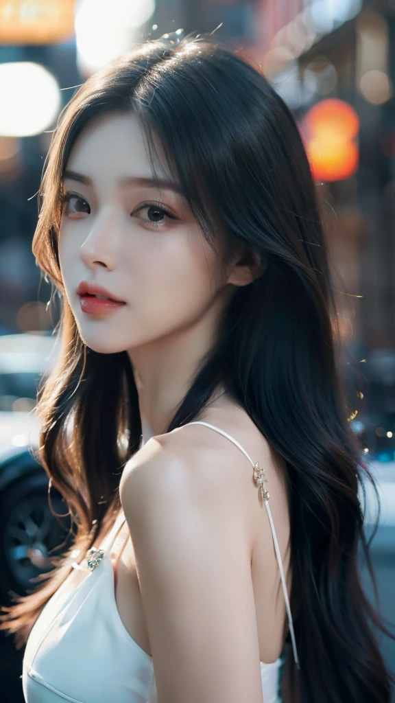 "Enter a world of unparalleled beauty and realism, as the heart of this image is brought to life in stunning 8K quality. The girl's shapely figure is emphasized by her flowing black hair falling in soft waves across her bright white skin. The dress shimmers in the outdoor night scene. Every detail, from her beautiful eyes to her double eyelids, is accurately captured. and style."