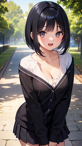 Girl and cat, kiss, (Girl in Salor High School Uniform, long sleeve, cardigan, sleeve_past_wrist, Dark black hair, Bob Cut Hair, long hair,, (close your eyes:0.6), small open mouth, candy, clavicle, Cleavage), A day in the park
Break a beautiful little face, Beautiful big round eyes, The extremely complex pupil in the eye, Long eyelashes, double eyelid, Very fine grain, Detailed hair, Large Breasts、 thin, Smile, cute, cute, insanely detailed dresses, Perfect Anatomy, Dynamic pose, Dynamic Angle
Blake's masterpiece, Highest quality, Super detailed, Perfect design, Absurd, High resolution, Realistic, Realistic shadows, RAW Photos, (Ultra-fine illustrations:1.2) 
