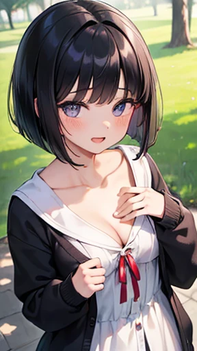 Girl and cat, kiss, (Girl in Salor High School Uniform, long sleeve, cardigan, sleeve_past_wrist, Dark black hair, Bob Cut Hair, long hair,, (close your eyes:0.6), small open mouth, candy, clavicle, Cleavage), A day in the park
Break a beautiful little face, Beautiful big round eyes, The extremely complex pupil in the eye, Long eyelashes, double eyelid, Very fine grain, Detailed hair, Large Breasts、 thin, Smile, cute, cute, insanely detailed dresses, Perfect Anatomy, Dynamic pose, Dynamic Angle
Blake's masterpiece, Highest quality, Super detailed, Perfect design, Absurd, High resolution, Realistic, Realistic shadows, RAW Photos, (Ultra-fine illustrations:1.2) 
