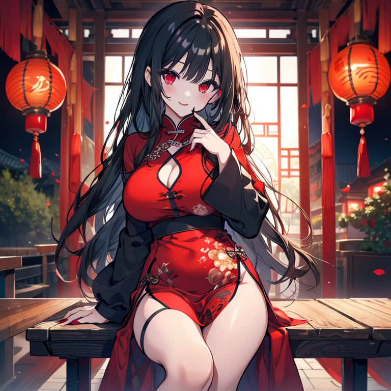 1 girl、Mature、Ample breasts、Long Hair、Trimmed hair、Shiny black hair、Red nails、Red Lip、Red Eyes、A seductive smile、China dress、husk tomato、husk tomatoのピアス、dusk、Chinatown、Sit on a chair、Deep slit、The lantern shines、Nostalgic、High resolution、Highest quality