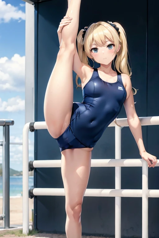 masterpiece, Navy school swimsuit, Blonde twin tails, Sunburned skin,Standing Split, Lift your legs,Leg lift,Standing on one leg,