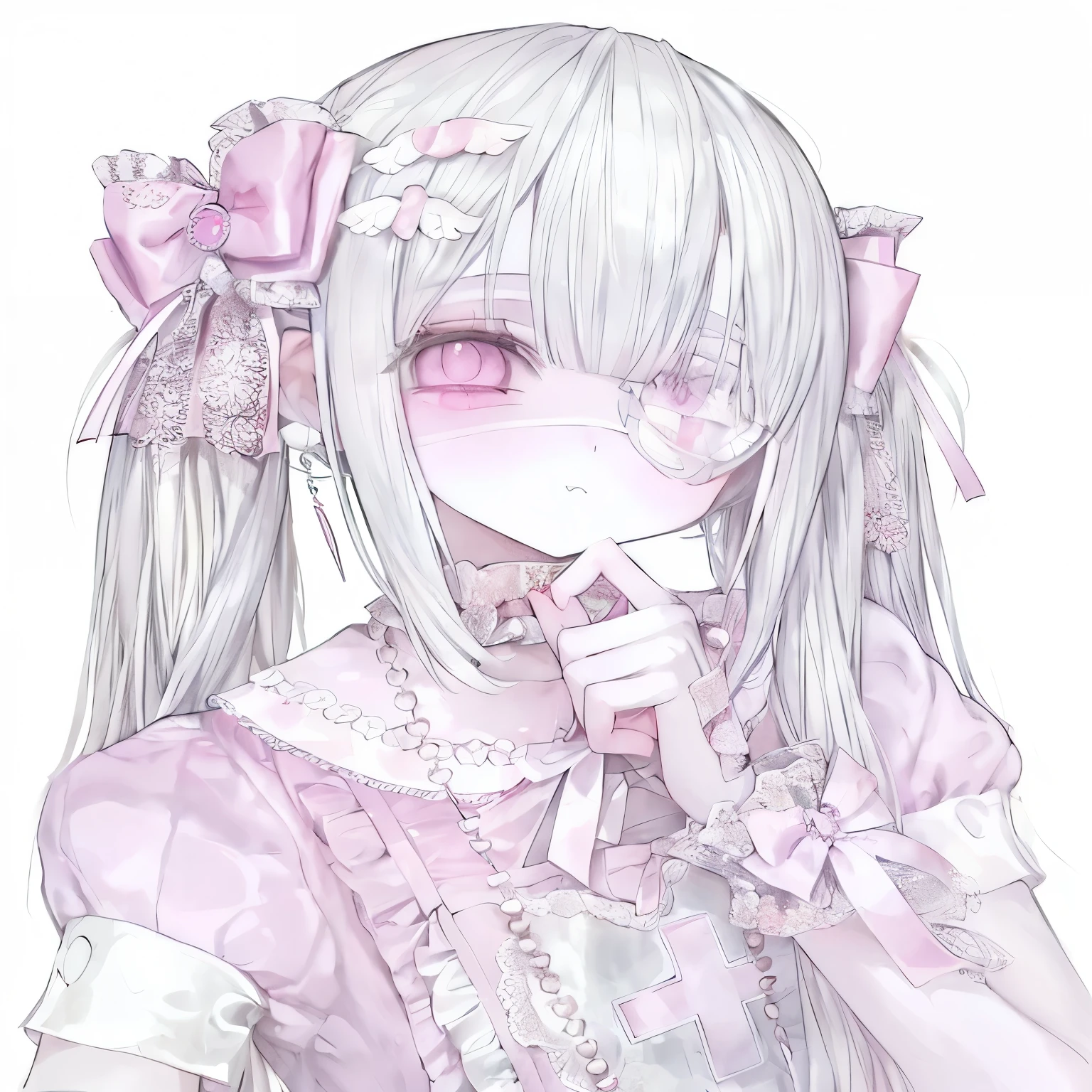 One girl, solo, Twin tails, Pink Hair, Hair that hides one eye, Long Hair, Bangs, Blushing, Open your mouth a little, tongue, Pink eyes, Eyes are symbols, The fangs are sharp, Simple Background, High resolution, Blushing, smile, bangs, Animal ears, Cat ear,
