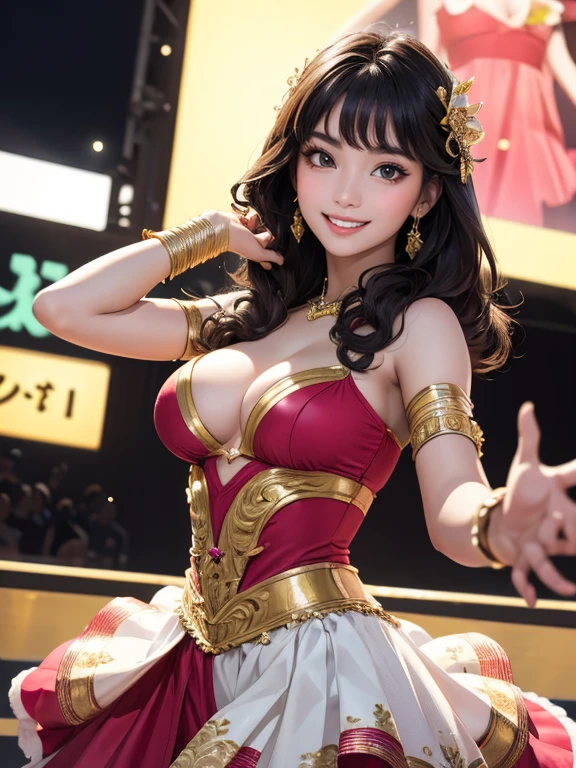 (Highest quality、 8k 、masterpiece、High resolution)、Full Body Shot、15 year old girl、Idol、Cute smile、Pretty lips、Adorable eyes、Dancing with a smile、Outdoor Stage、AKB48 Costumes、Realistic、Vibrant colors、Official Art、Detailed CG、Professional Lighting、Professional photographer、