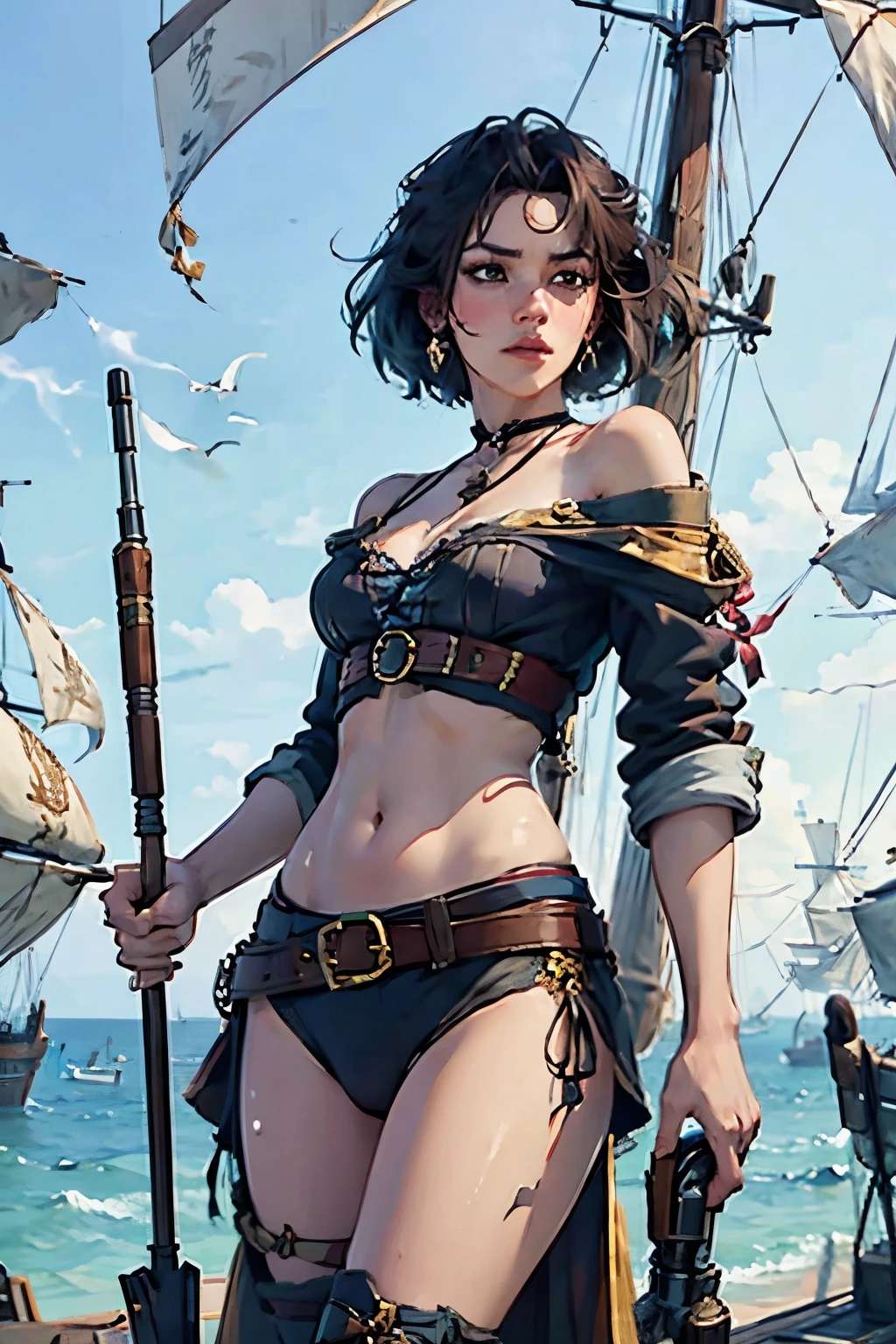 Fascinating Female Pirate Captain、Off the shoulder、Sexy Looks, short hair、Two Galleons、Naval battles、(Two galleons exchange gunfire:1.2)、(explosion:1.2)、(fire:1.2)、Blur the background、(Sargent-style watercolor)、(Highest quality, masterpiece, High resolution)、4K、wallpaper、