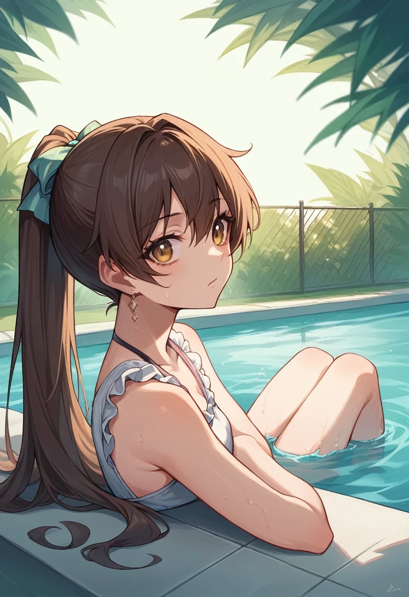 A girl sitting on the edge of the pool, Popular on pixiv, brown hair and a perfect body, View from the side and below!, Super detailed photos, featured on amiami, Inspired by Krenz Kuszat, She is Korean, Big shoulders, thick, Highly detailed and colorful, Water - Recorded, Idol Master