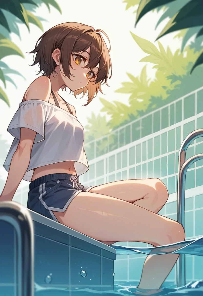 A girl sitting on the edge of the pool, Popular on pixiv, brown hair and a perfect body, View from the side and below!, Super detailed photos, featured on amiami, Inspired by Krenz Kuszat, She is Korean, Big shoulders, thick, Highly detailed and colorful, Water - Recorded, Idol Master