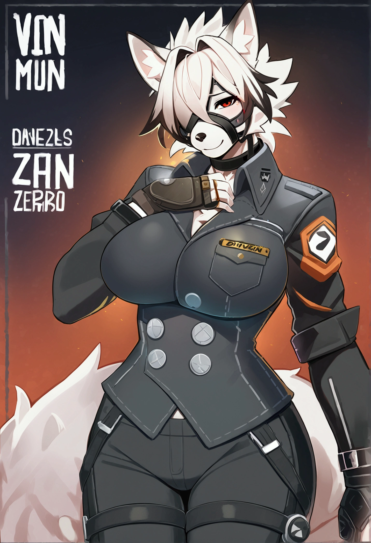 top quality, best quality, by mumu202, High-quality illustrations, masterpiece, uploaded on e621)(kemono, furry, anthro, alone), Zenless Zone Zero, The Division, round, 1 female, hot mother figure, very detailed body face and eyes, white wolf, Von Lycaon, (Zenless Zone Zero), white fur, fluffy, big breasts, tail, perfect eyes, red eyes, eye patch, Agent clothes, The Division Manhattan, body movement, body twitching, shy smile, red blushing, looking at viewer,